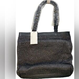 NWT Jules Kae Straw Tote Bag Black Vega. Leather